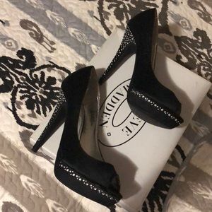 Black satin peep toe pumps with crystal detail